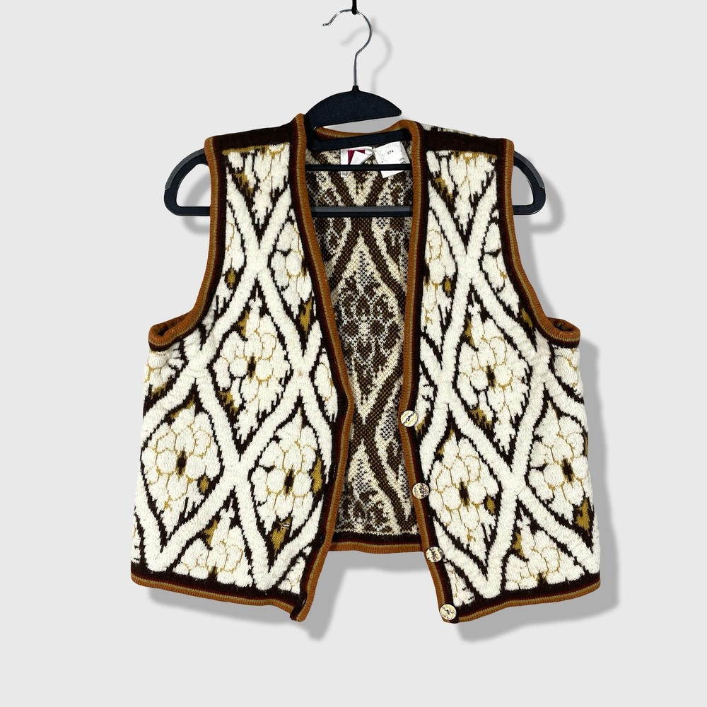 Hey Vintage Knit Sweater Vest Women Medium Brown Geometric Floral Grandmacore